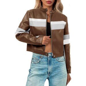 Women's Cropped Moto Biker Jackets Faux Leather Bomber Jacket Racing Coffee